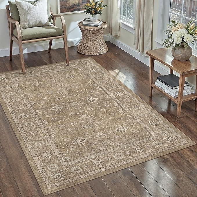 3x5 Area Rug Brown Washable Entryway Vintage Carpet Office Small Non Slip Stain Soft Resistant Low Pile Thin Boho Accent Indoor Throw Rug for Laundry Kitchen Bathroom Entrance Bedroom