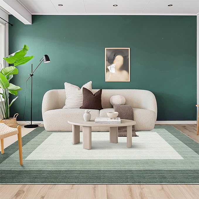 GarveeHome Washable 8x10 Rugs for Living Room Neutral Green Rugs for Bedroom Stain-Resistant Contemporary Border Large Rug Non-Slip Low Pile Farmhouse Rug for Under Dining Room Table Office,Green