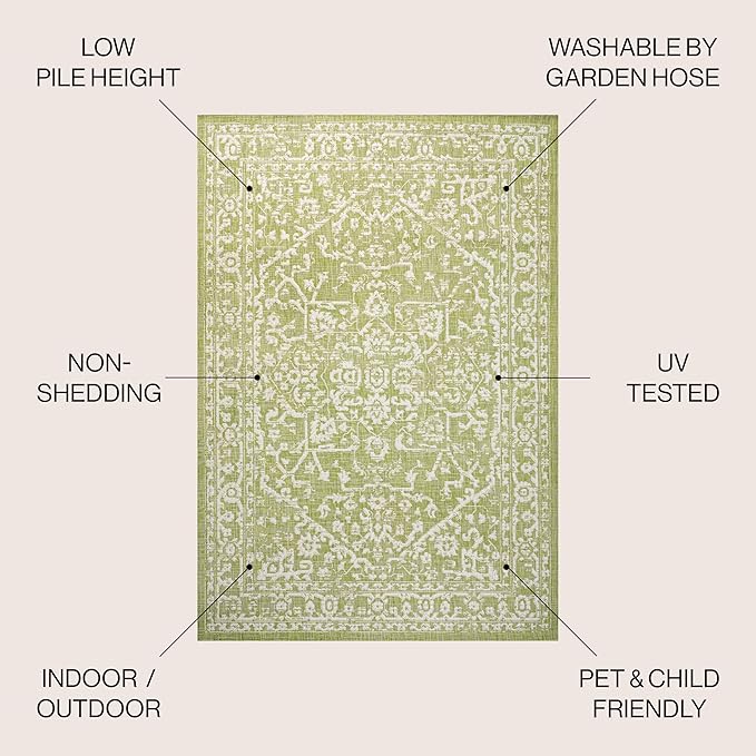 JONATHAN Y Boho Medallion Indoor Outdoor Area Rug 8X10 Green/Cream, Malta Textured Weave for Backyard, Patio, Porch, Easy-Cleaning, High Traffic, Pet-Friendly, Non-Shedding (SMB104D-8)