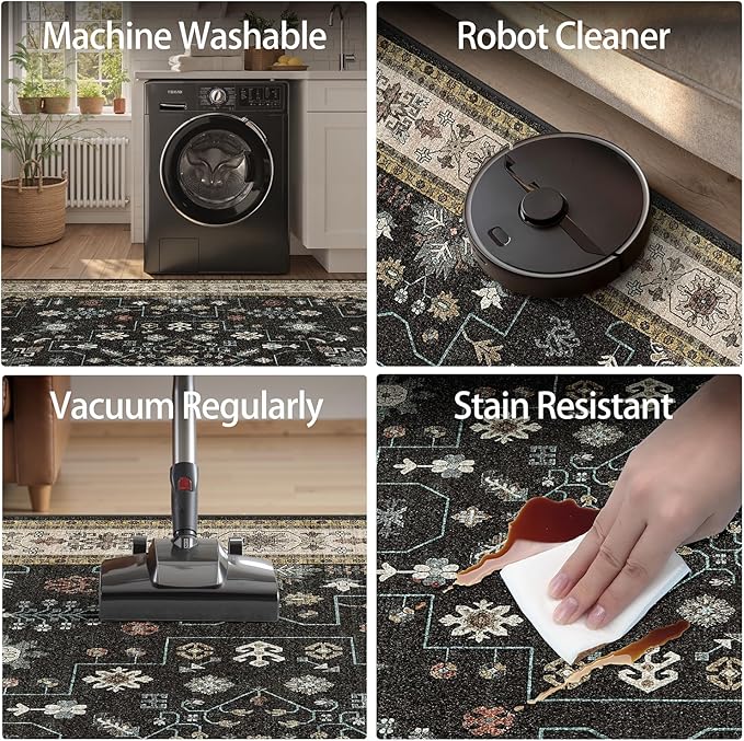 DCX Machine Washable Black Area Rug 6x9, Non Slip Stain Resistant Vintage Floral Rug for Living Room Bedroom Dining Room, Soft Low Pile Large Carpet