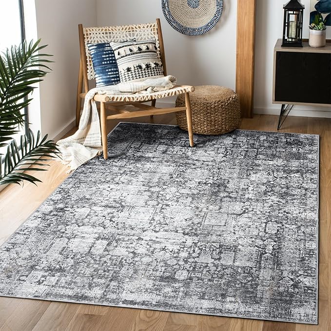 Area Rug 4횞6, Vintage Boho Rug,Ultra-Soft Low Pile, Washable, Non Slip,Stain Resistant Printed Carpet for Living Room Bedrooms Playroom Office Kitchen, Dark Stone
