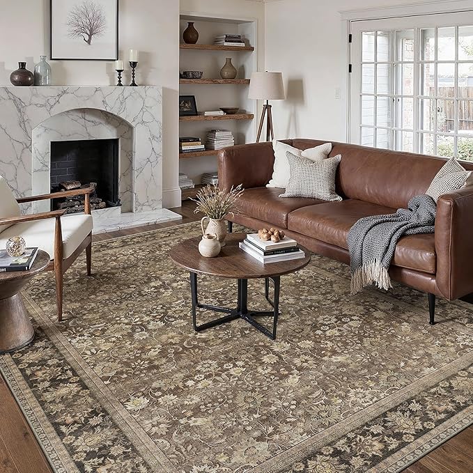 HUGEAR 9x12 Machine Washable Rugs Brown Living Room Large Area Rug Indoor Accent Rug Floral Mid Pile Carpet Soft Soft Thicker Aesthetic Rug Bedroom Office Dining Laundry