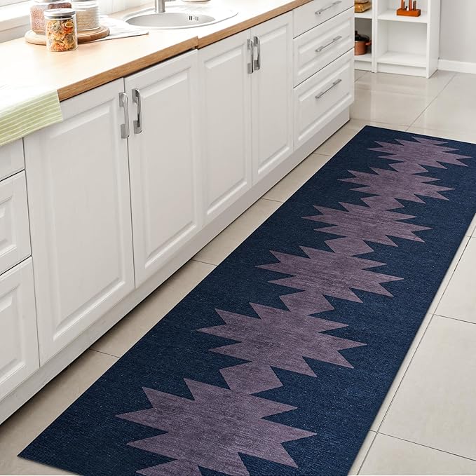 JONATHAN Y Machine Washable Navy/Purple Runner Rug 2X8 ft, Chayton Minimalist Geometric for Living Room, Bedroom, Kitchen, Office, Easy-Cleaning, High Traffic, Pet-Friendly, Non-Shedding (WSH110F-28)