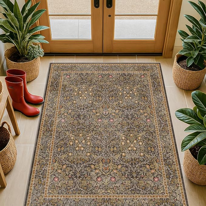 Vintage Floral Brown 3x5 Area Rugs for Entryway, Kitchen, Bathroom, Bedroom Beside Rug, Laundry Room, Non-Slip Low Pile Ultra Soft Stain Resistant Small Gold and Taupe Carpet