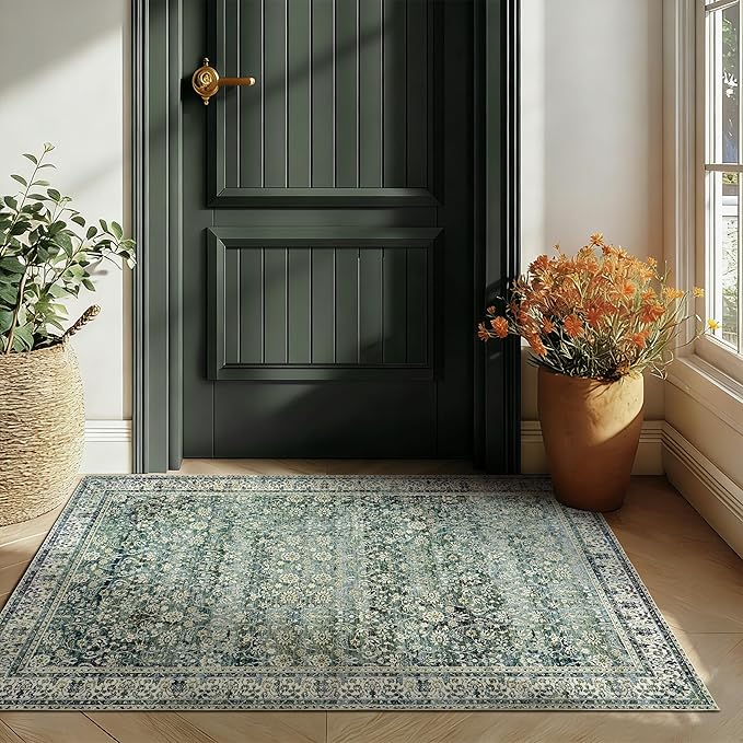 3x5 Area Rug for Entryway Indoor Low Pile Green Rugs with Washable Non Slip Boho Vintage Distressed Ultra Thin Entry Way Rugs for Kitchen Laundry Room Bathroom Inside House,3 x 5,Dark Green