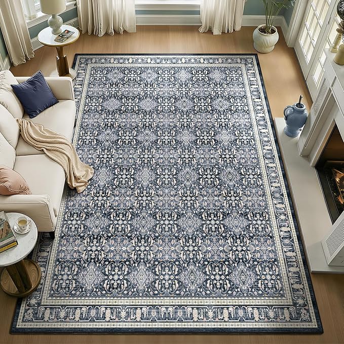 Dark Blue 7x10 Rugs for Living Room, Transitional Moroccan Floral Trellis Area Rug for Bedroom Dining Room, Low Pile Thin Washable Non Slip Room Rug for Home Office Playroom Family Room