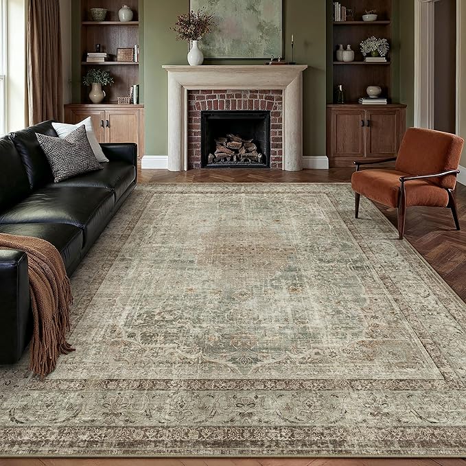 Sage Area Rug 6x9 for Living Room Washable Vintage Carpet Low Pile Non Slip Distressed Soft Traditional Retro Oriental Large Accent Throw Rug Office Bedroom Dining Room Playroom