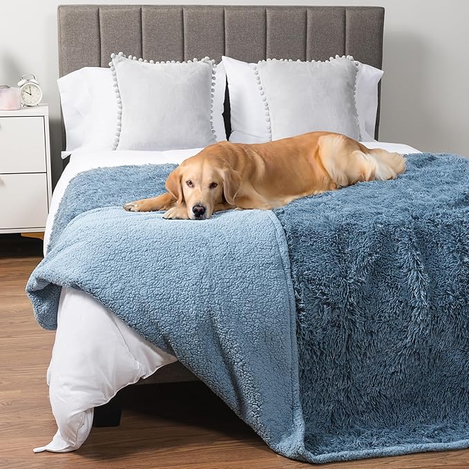 PetAmi Waterproof Dog Blanket for Large Dog, Calming Pet Blanket Bed Couch Cover Protector, Washable Sherpa Faux Fur Throw for Sofa Furniture Protection, Soft Fluffy 60x80 Light Blue