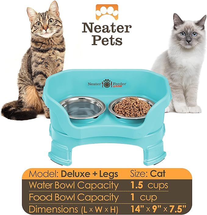 Neater Feeder Deluxe Mess Proof Cat Bowls Elevated for All Breeds – Made in USA – No Spill Raised Cat Bowls for Indoor Cats w/Leg Extensions – Stainless Steel Cat Food and Water Bowl Set - Teal
