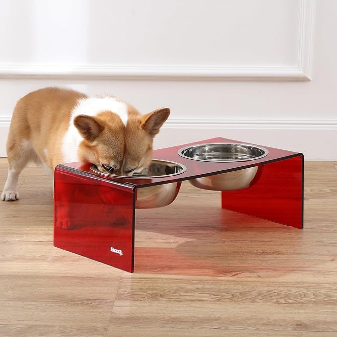 The LICKER Store DBL2001H Keaton 7.5" Medium/Large Modern Acrylic Rectangular Elevated Pet Feeder with 54oz 2-Stainless Steel Bowls, Red/Chrome