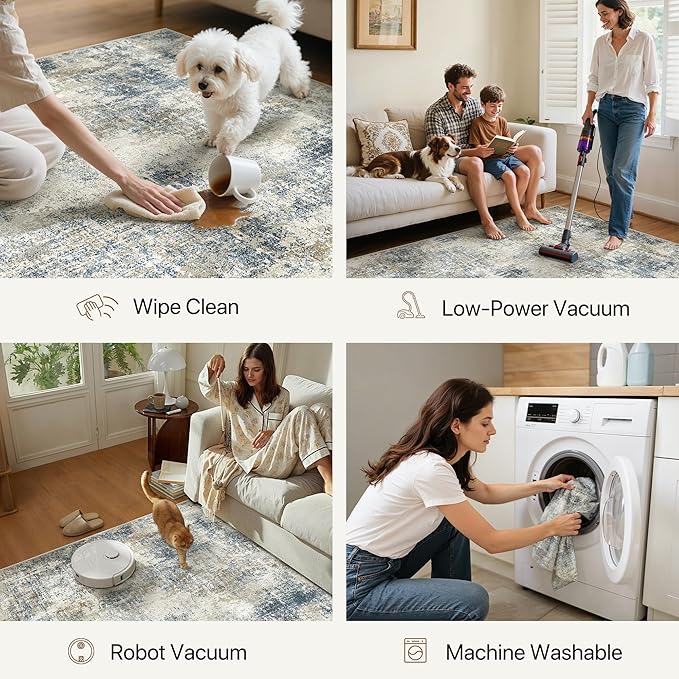 Area Rugs 9x12 for Living Room Bedroom, Modern Abstract Machine Washable Rug, Large Soft Low Pile Floor Carpet with Non Slip Backing for Dining Room, Blue Mist