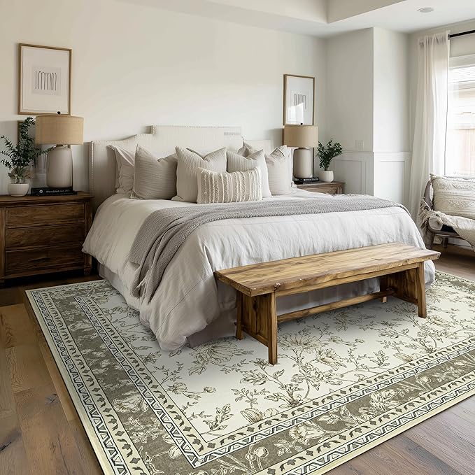 Taupe Boho Living Room Rug 5x8, Washable Low Pile Non Slip Area Rugs for Bedroom, Dining Room, Office, Farmhouse Retro Carpet Indoor Grey Beige Tan Pattern Aesthetic Sketch Style Vintag Room Decor