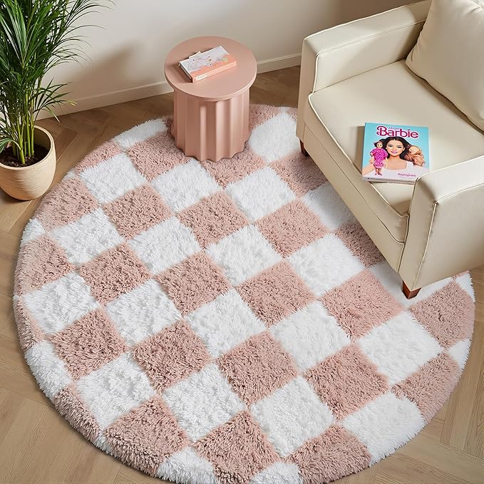 Checkered 4x4 Round Rug for Playroom, Pink and White Modern Shag Rugs Super Soft Washable Fluffy Carpet Indoor Office Fuzzy for Bedroom Living Romm Home Dorm Aesthetic Decor