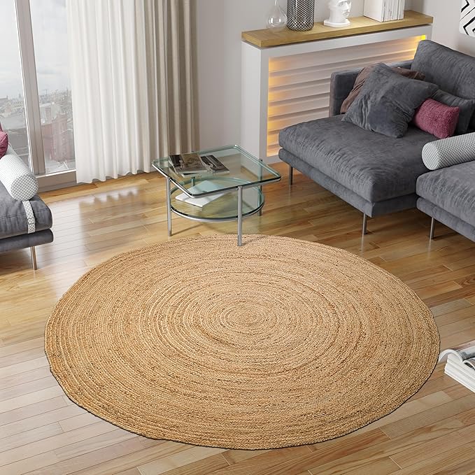 Hausattire Hand Woven Jute Braided Rug, 6??Round ??Natural, Reversible Boho Entry Area Rugs for Kitchen, Living Room I Farmhouse Decorative Floor Rug, 6 Feet Round