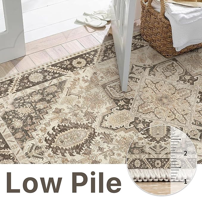 8x10 Area Rug Machine Washable Boho Rug for Living Room,Ultra-Thin Low Pile Carpet,Lightweight Indoor Printed Rug,Non Slip Floral Area Rug for Bedroom, Dining Room, Home Office,Brown
