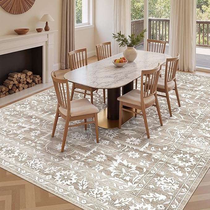 Living Room 10x14 Area Rugs, Washable Low Pile Non-Slip Stain Resistant Extra Large Thin Rug, Vintage Soft Throw Carpet for Dining Room Bedroom Farmhouse Home Office Decor Light Brown