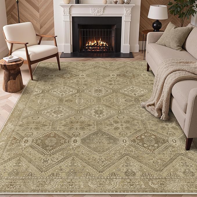 Bavni 9x12 Area Rug Washable Rug for Living Room Bedroom, Vintage Print Carpet, Low Pile Lightweight Mat with Non Slip Backing, Light Brown