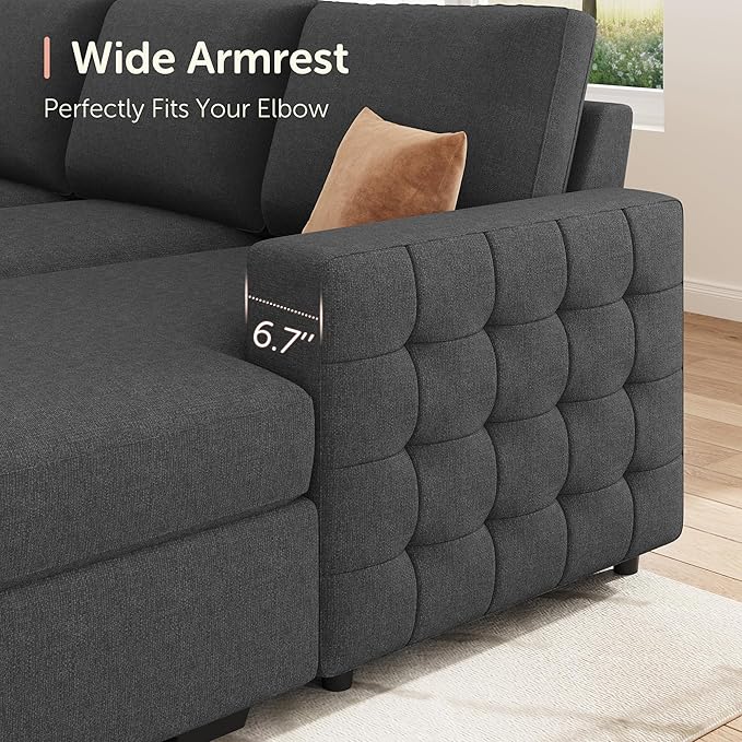 HONBAY Sectional Sleeper Sofa with Pull-Out Bed Storage Chaise,Modular Couch for Living Room, Middle Grey