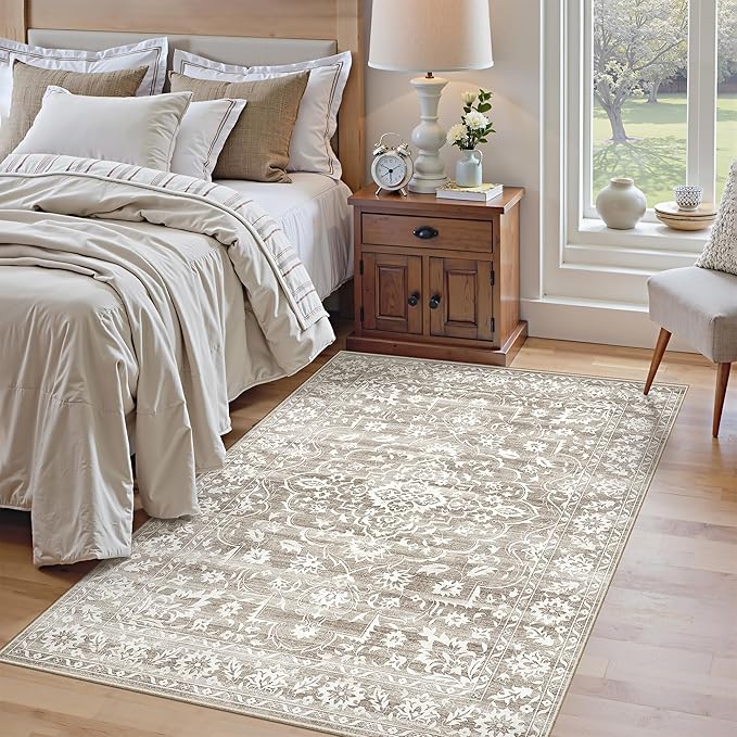 3x5 Area Rugs for Entryway,Washable Vintage Low Pile Non-Slip Throw Area Rugs, Accent Rug Floral Print Indoor Mat for Bedside Living Room Kitchen Bedroom Light Brown