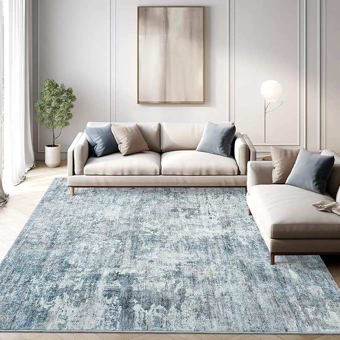 Area Rug 6x9 Abstract Rugs for Living Room 6 x 9 Washable Rugs Blue Non Slip Low Pile Rugs for Bedroom Dining Room Foldable Thin