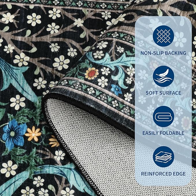 GarveeHome Floral Hallway Runner Rug Non-Slip, 2.5x10 Washable Rugs Ultra-Thin Soft Rug for Hallways, Kitchen Mat Stain Resistant Carpet for Entryway Bathroom, Black