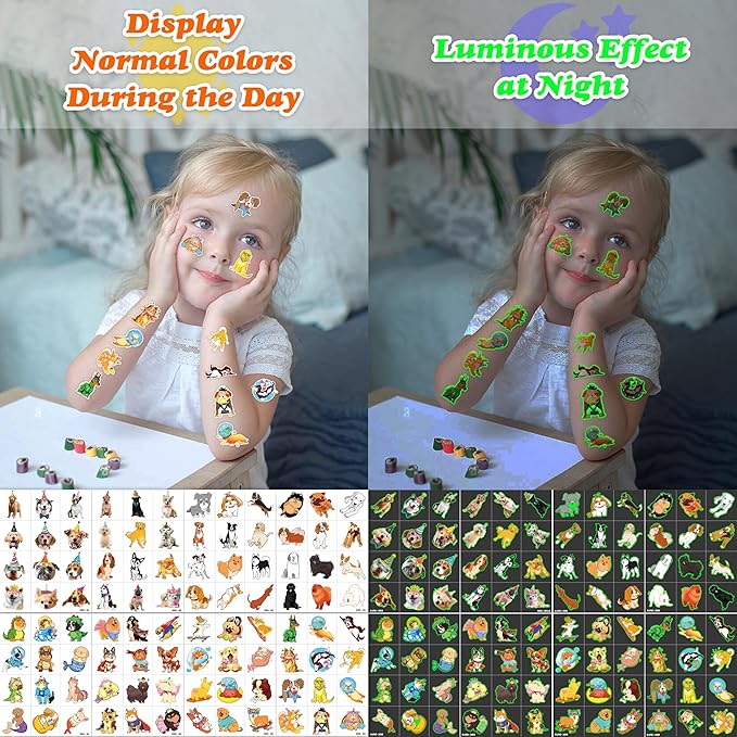 96 PCS Dog Pet Pre-Cut Luminous Glow in the dark Temporary Tattoos for Kids | Super Cute First Themed Birthday Party Favors, Supplies, Decorations, Animal Fake Tattoo Stickers Gifts for Boys Girls