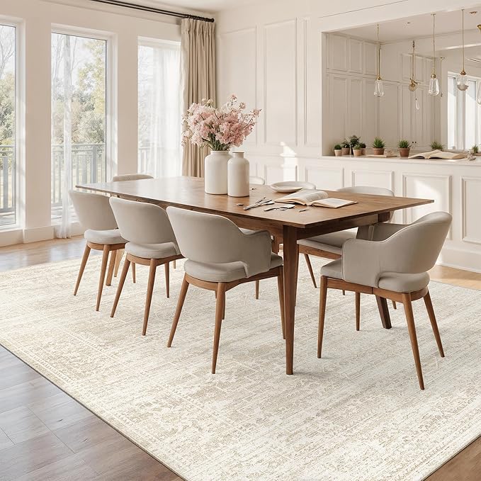 8x10 Area Rugs for Living Room, Washable Vintage Floral Non-Slip Low Pile Natural Rug Soft Throw Large Carpet for Dining Room Bedroom Home Office (Beige/Cream, 8'x10')