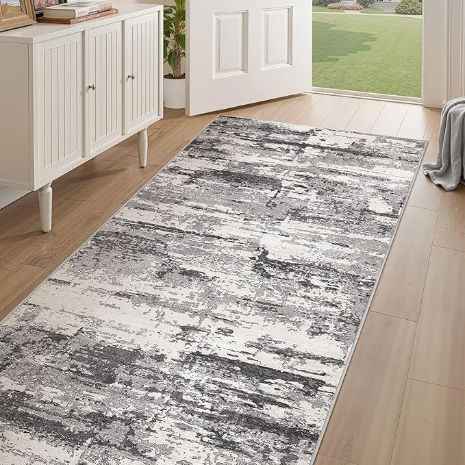 Hallway Washable Runner Rug: 3x12 Abstract Modern Soft Stain Resistant Non-Slip Backing Runner for for Entryway Kitchen Laundry - Black Grey
