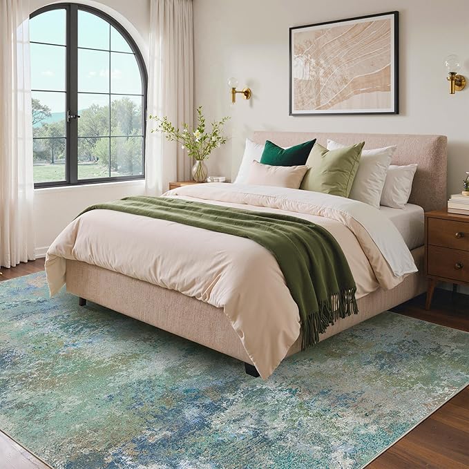 Area Rugs 4x6 for Living Room Bedroom, Modern Abstract Machine Washable Rug, Large Soft Low Pile Floor Carpet with Non Slip Backing for Dining Room, Blue Green