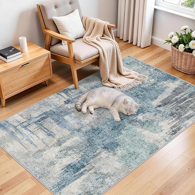 Abstract 3x5 Entryway Area Rugs: Machine Washable Anti-Slip Cozy Rug - Soft Low Pile Small Modern Carpet for Bedroom, Entryway, Kitchen - Indoor Floor Mat Home Decor 3x5 Blue