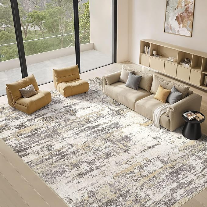 Area Rugs for Living Room: 10x13 Abstract Washable Rug Modern Neutral Large Soft Stain Resistant Non-Slip Backing Machine Table for Bedroom Dining Room Indoor Home Office Carpet - Gold Brown