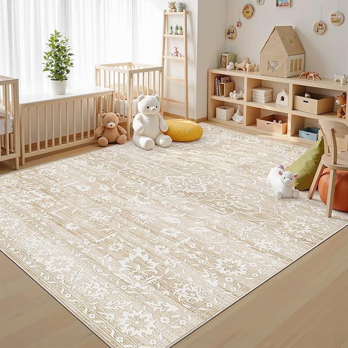 6x9 Area Rugs for Living Room, Neutral Washable Rugs for Bedroom, Floral Vintage Non-Slip Soft Throw Carpet for Dining Room Farmhouse (Beige, 6'x9')