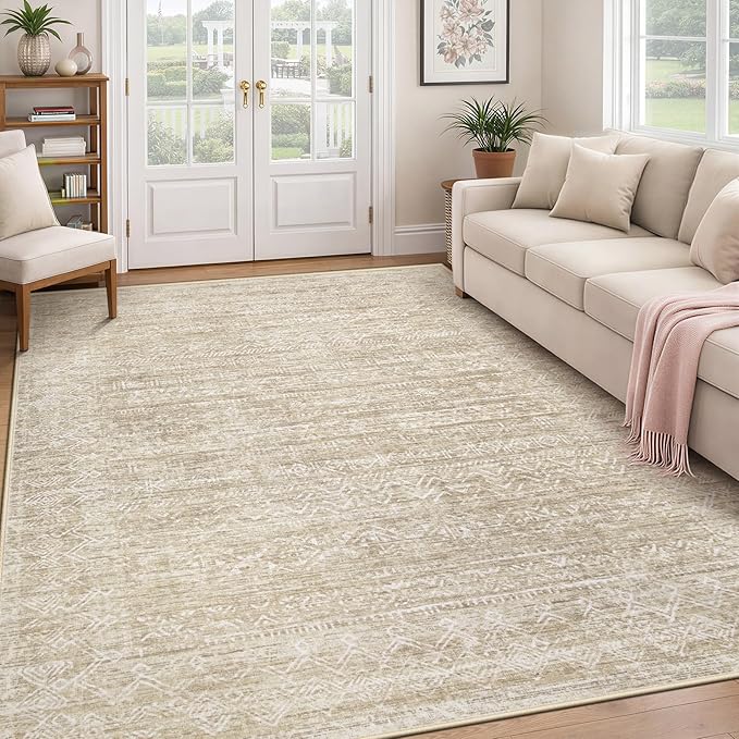 Washable Rug 6x9 Area Rugs: Modern Geometric Rugs for Living Room Non Slip Soft Low Pile Moroccan Indoor Carpet for Bedroom Nursery Dining Room Home Office (Beige, 6'x9')