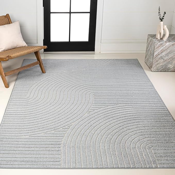 JONATHAN Y Hallie High-Low Curve Light Blue/Cream 3x5 Indoor/Outdoor Area Rug, Minimalist Geometric, Pet Friendly, for Patio, Backyard, Living Room, Bedroom, Office, Hose-Washable (SCN100E-3)