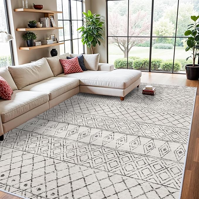 8x10 Rug for Living Room - Washable Area Rugs Modern Moroccan Area Rug Large Low Pile Carpets for Bedroom Soft Indoor Home Thin Area Rug for Dining Room Office 8x10 Geo Grey