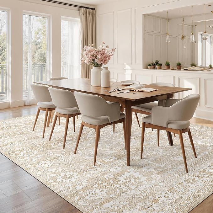 8x10 Washable Area Rugs for Living Room, Vintage Floral Non-Slip Low Pile Natural Rug Soft Throw Large Carpet for Dining Room Bedroom Home Office (Beige, 8'x10')
