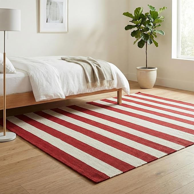 Fab Habitat Machine Washable Area Rug - Hand Woven, Stain Resistant, Pet Friendly - Premium Recycled Polyester Yarn - Stripes - Bedroom, Living Room - Nantucket - Red & White - 4 x 6 ft
