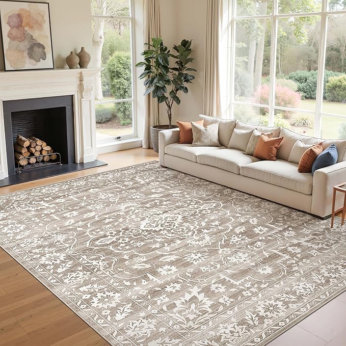 9x12 Washable Area Rugs for Living Room, Vintage Floral Stain Resistant Non-Slip Low Pile Natural Rug Soft Throw Large Carpet for Dining Room Bedroom Farmhouse Home Office Light Brown