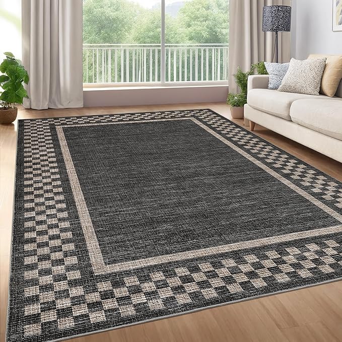 Small Bedroom Area Rug 3x5 Checkered Area Rug for Living Room Nursery Non Slip Kitchen Throw Carpet Low Pile Modern Bordered Rugs Washable Bathroom Mat Soft Brown Rugs for Laundry Entryway, Black