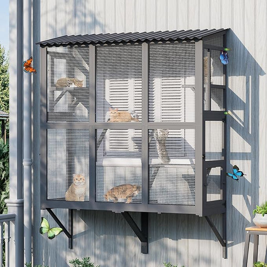 Outdoor Cat Window Perch, Catio Cat Enclosure Window Box Access with Double Doors for Cats Tunnel, Cats Patio w/All-Weather Roof for Indoor Kitty Sunbathing, Napping (Gray, Large)