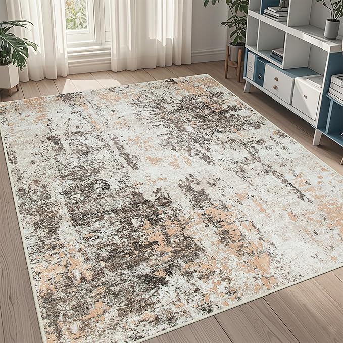5x7 Area Rugs for Living Room Rug Washable: Abstract Rug for Dining Room Bedroom Carpet Non Slip 5 by 7 Indoor Modern Nursery Home Office Brown Beige