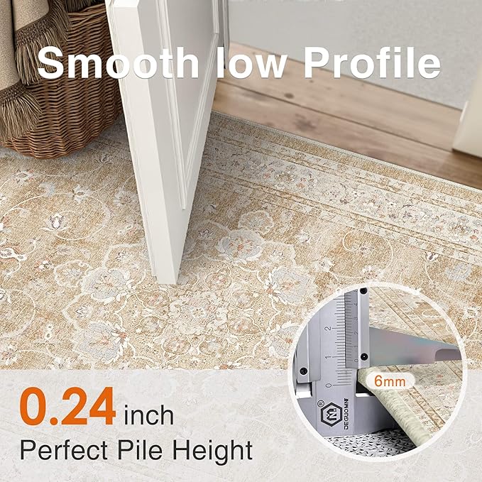 HUGEAR Machine Washable Area Rugs 8x10 Vintage Beige Brown Living Room Bedroom Rug Neutral Style Non Slip Stain Resistant Low Pile Throw Carpet for Home Retro Aesthetic Modern Decor