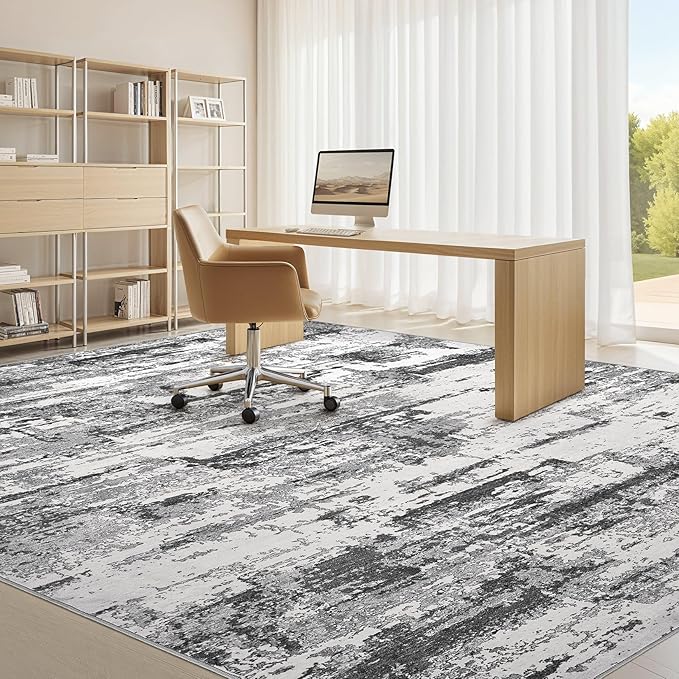 Area Rugs for Living Room: 9x12 Abstract Washable Rug Modern Neutral Large Soft Stain Resistant Non-Slip Backing Machine Table for Bedroom Dining Room Indoor Home Office Carpet - Black Grey