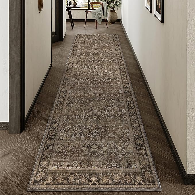 HUGEAR 2'6''x12 Runner Rug Machine Washable Brown Hallway Area Rug Indoor Accent Rug Floral Low Pile Carpet Soft Throw Rug Bedroom Living Room Office Dining Room Kitchen Laundry Room Non Slip