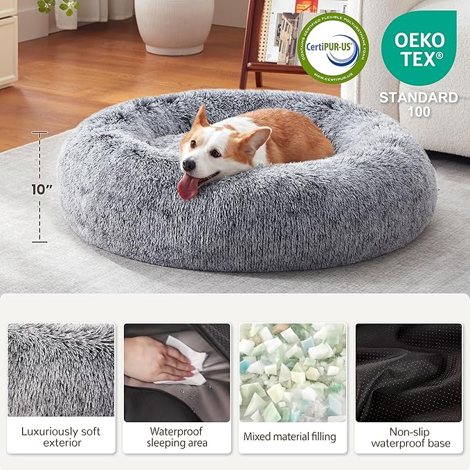 Donut Dog Bed Medium Size Dog 36 Inch, Round Cat Beds for Small Medium Dogs and Cats with Washable Fluffy Faux Fur, Cute Comfort Pet Bed with Anti-Slip Bottom, Grey