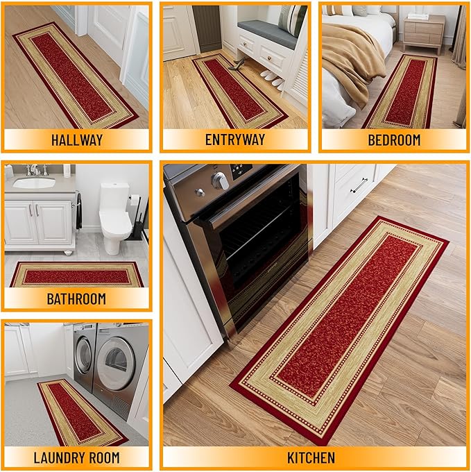 Ottomanson Hallway Runner Rug 20" x 53" Non Slip Border Area Rugs Easy to Clean Laundry Rug Runner Durable & Pet Friendly Floor Carpet Runners for Hallways Entryway Living Room Kitchen Bathroom, Red
