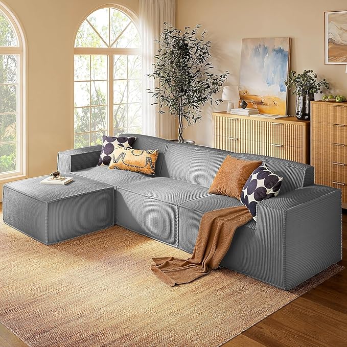 Marsail Modular Sectional Sofa, 111" L-Shaped Modular Sectional Couch with Deep Seat, Freely Combinable Sectional Cloud Sofa for Living Room, No Assembly, Plush Corduroy Fabric, Grey