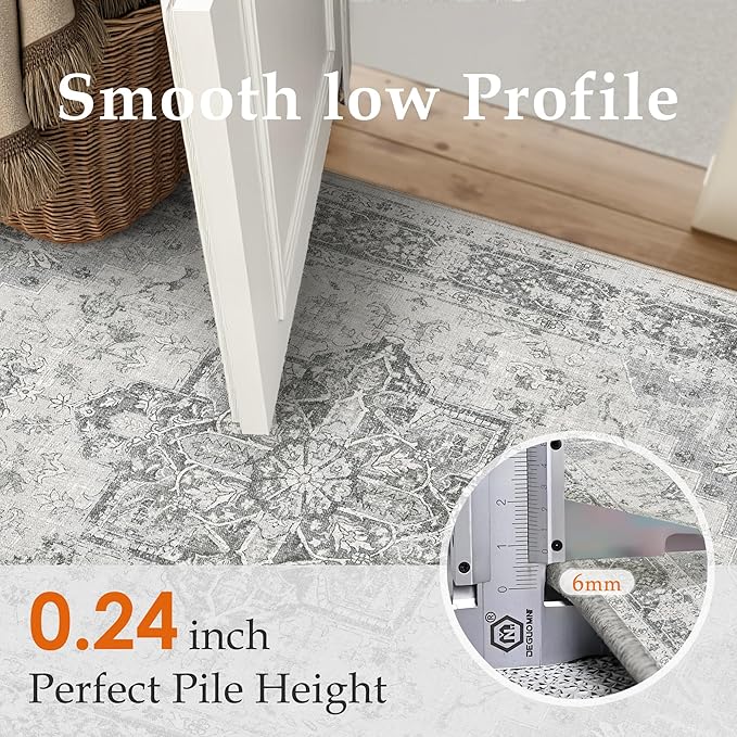 Gray 6x9 Area Rug Washable Vintage Living Room Carpet Non Slip Retro Distressed Low Pile Soft Oriental Medallion Thin Large Grey Throw Rug for Office Bedroom Dining Room Playroom