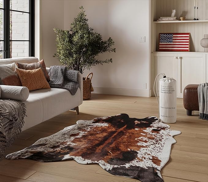 NativeSkins Faux Cowhide Rug 4'3" x 5'7" ??Brown Cow Print Area Rug for Living Room & Bedroom ??Non-Shedding, Flat-Lay, Pet-Friendly ??Faux Suede Grip Backing ??Vegan Western Farmhouse Decor