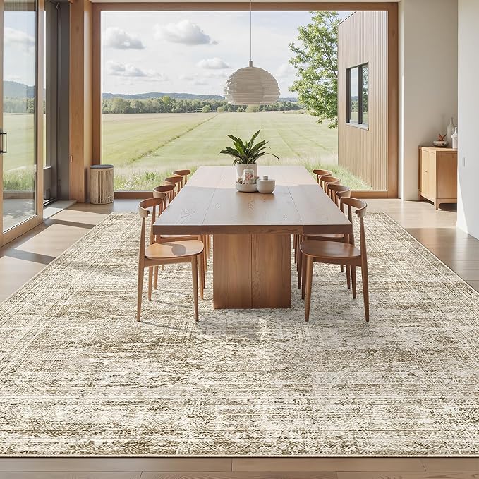 10x14 Area Rugs for Living Room, Non Slip Machine Washable Vintage Rugs, Low Pile Lightweight Large Rug for Bedroom, Dining Room, Home Office Brown